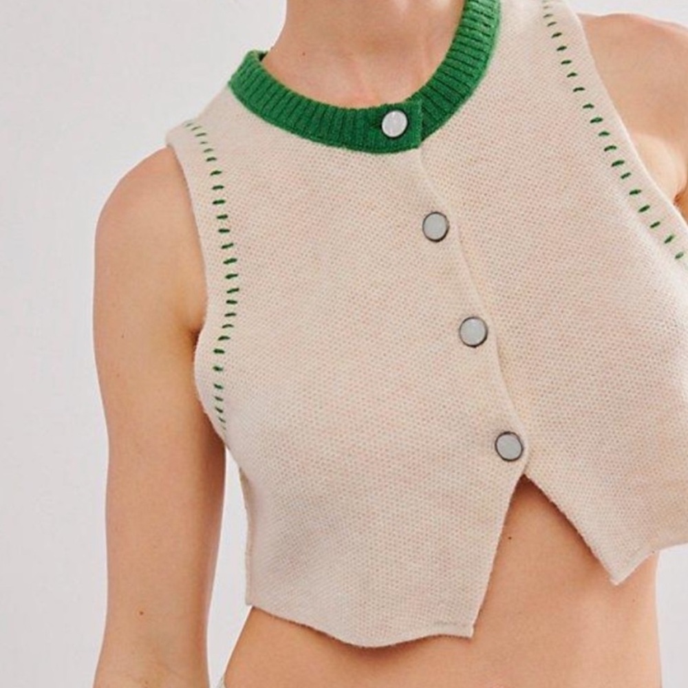Free People Cream and Green Sleeveless Knit Top